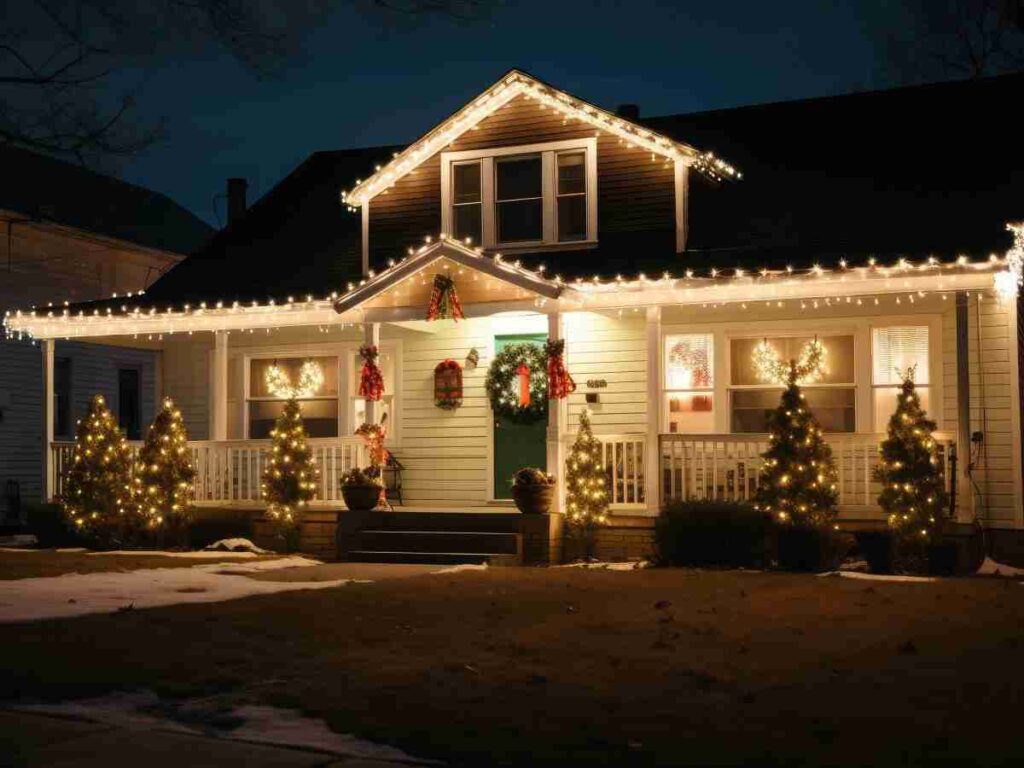 Residential home decorated with Christmas lights, wreaths, and lit trees at night
