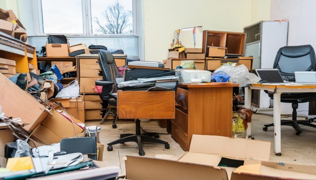 “Cluttered office space with scattered cardboard boxes, desks, office chairs, papers, and electronics piled throughout the room, creating a messy and disorganized workspace