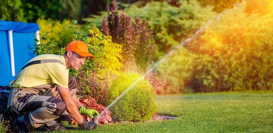 Landscape irrigation system watering a healthy garden in Utah