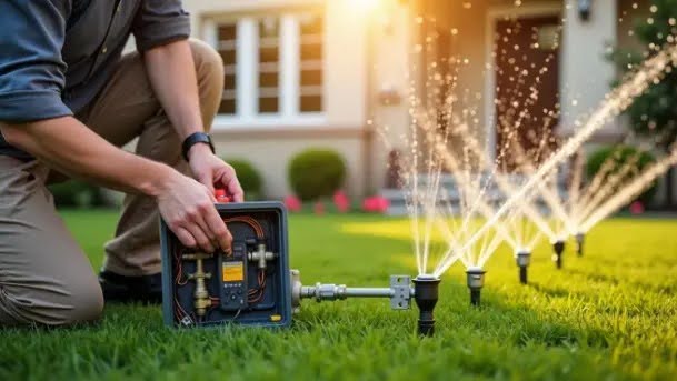 Professional irrigation service technician inspecting a landscape watering system
