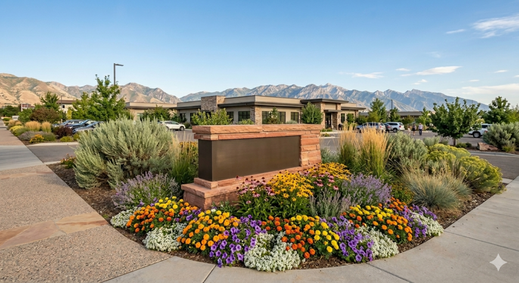 Commercial seasonal planting around a property sign in Utah
