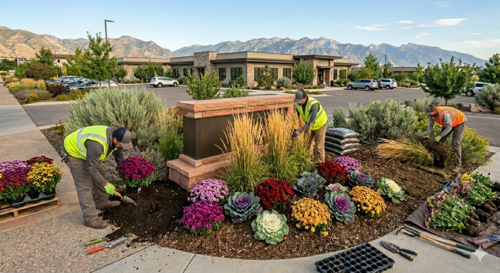 Landscape crew installing fall plants at a commercial property
