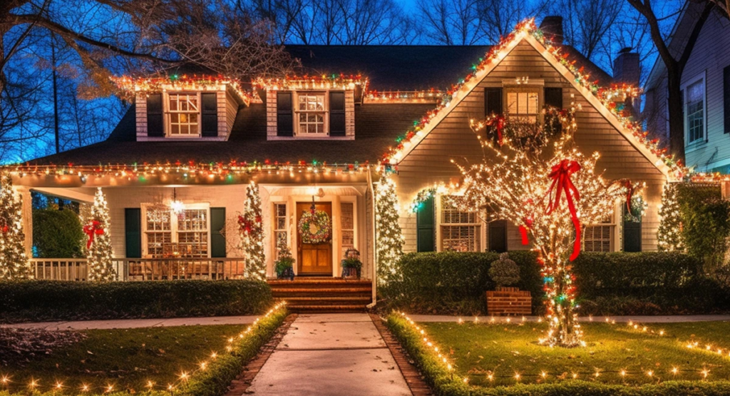 Outdoor holiday lighting on a home with roofline lights and glowing entryway