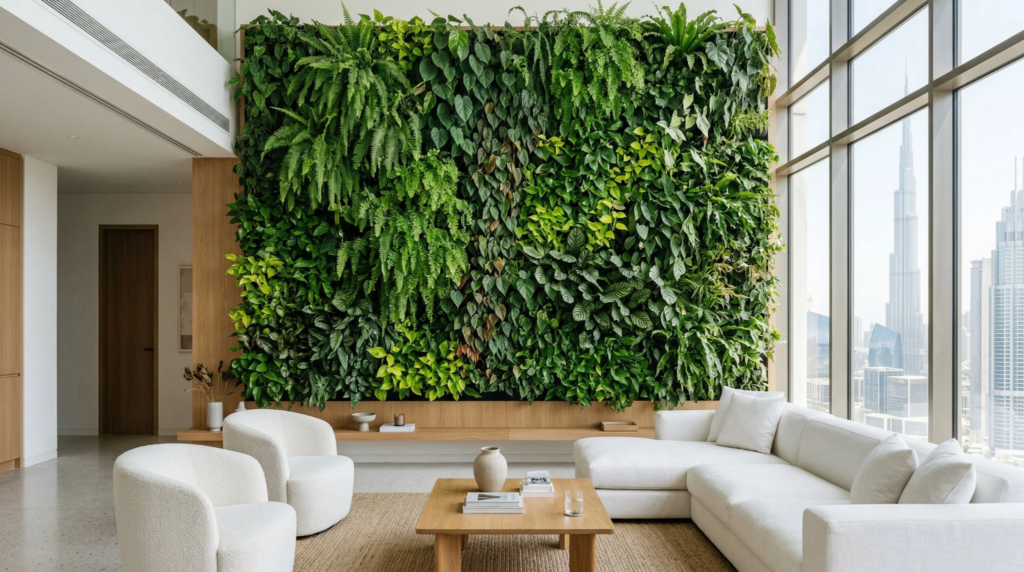 Commercial living green wall adding greenery to an indoor hallway
