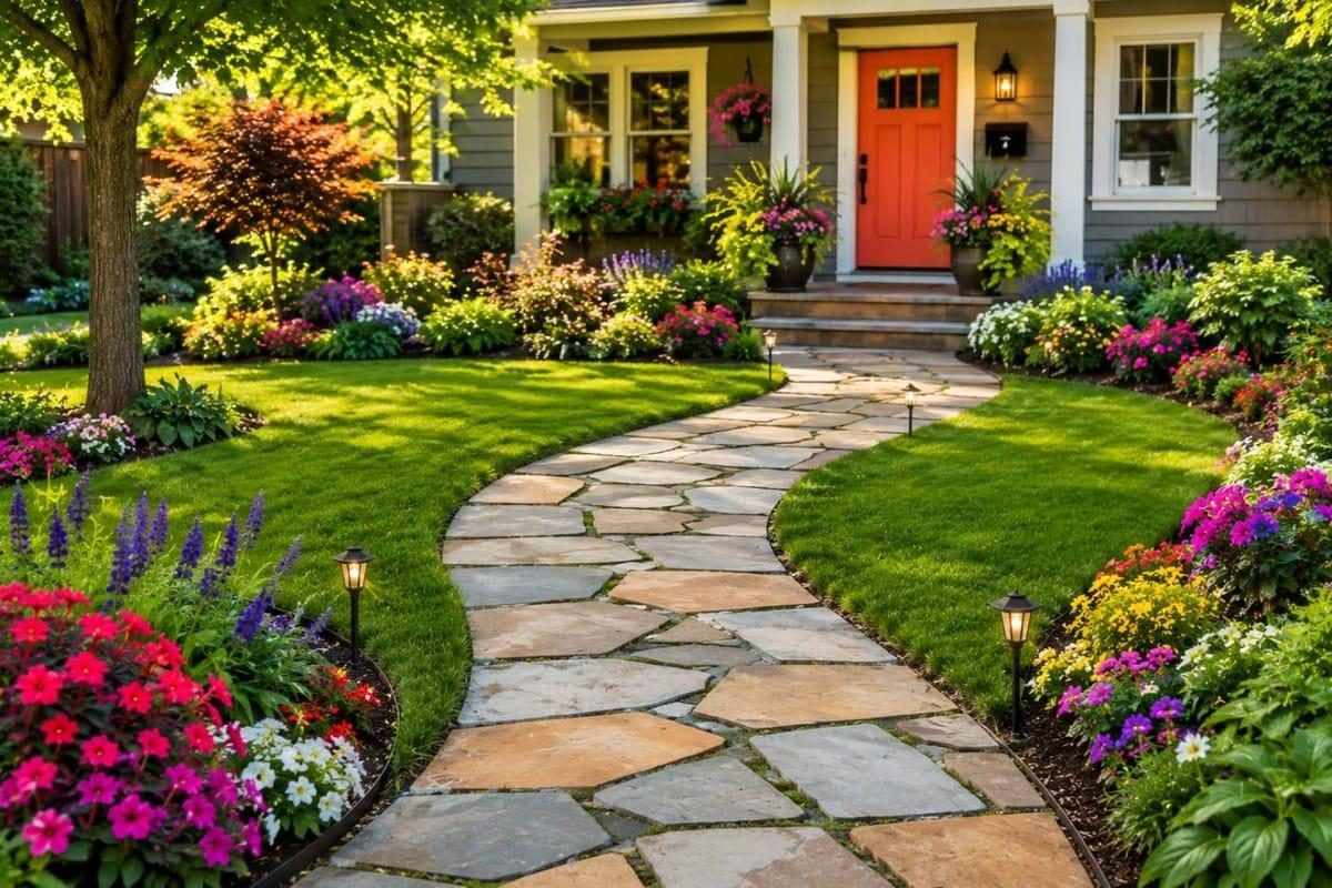 Colorful seasonal flower beds creating an attractive entrance for a professionally maintained commercial property.