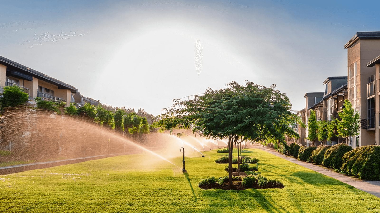 Smart irrigation system watering a healthy commercial landscape while helping improve water efficiency.